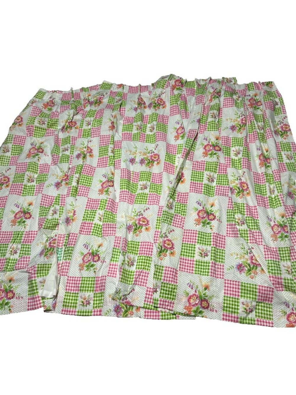 Vintage 70's Sears Curtains 4 Pink Green Gingham Polka Dot Flowers Maximalist